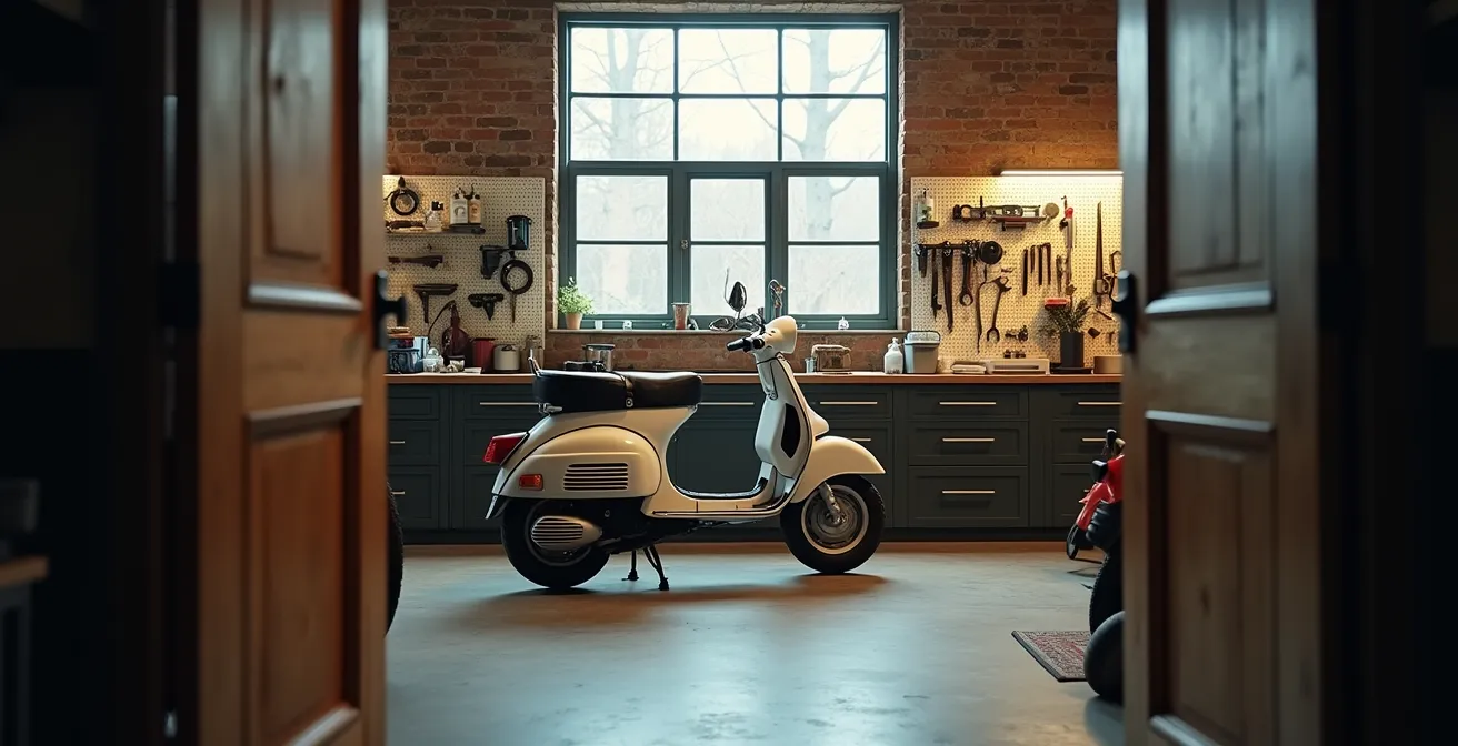 Intérieur d'un atelier de réparation de mobylettes avec outils et pièces détachées