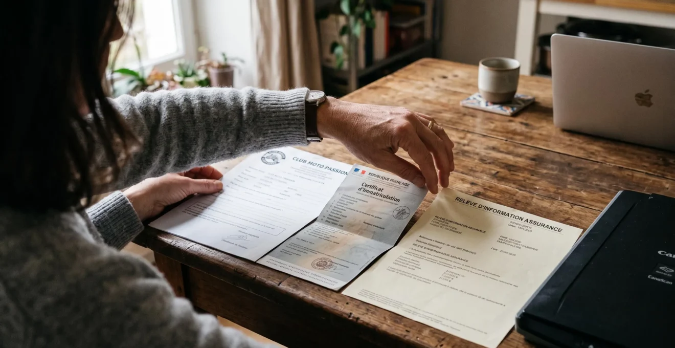 Des mains alignent soigneusement les documents d'une moto de collection sur une table avant leur numérisation.