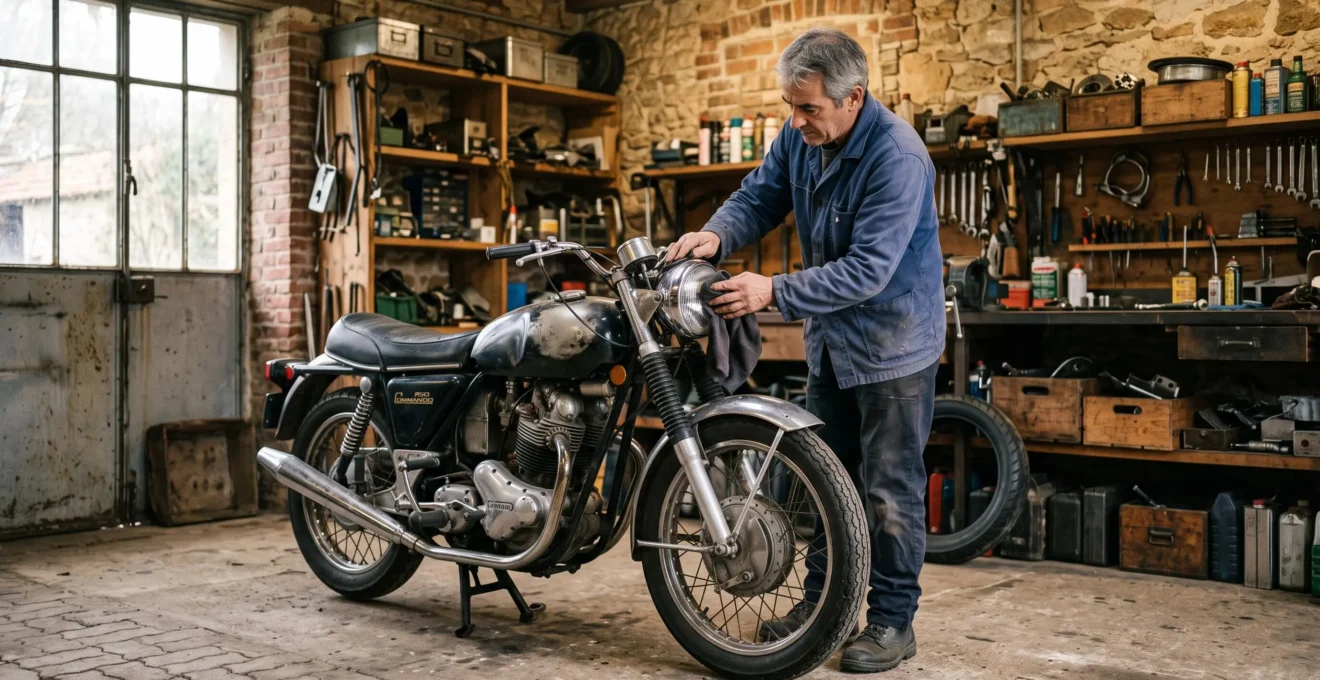 Un homme polit le phare chromé d'une moto ancienne dans un garage artisanal bien rangé.
