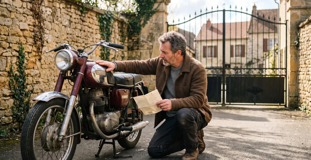 Un homme agenouillé compare la carte grise et le numéro de cadre de sa moto de collection ancienne devant sa maison.